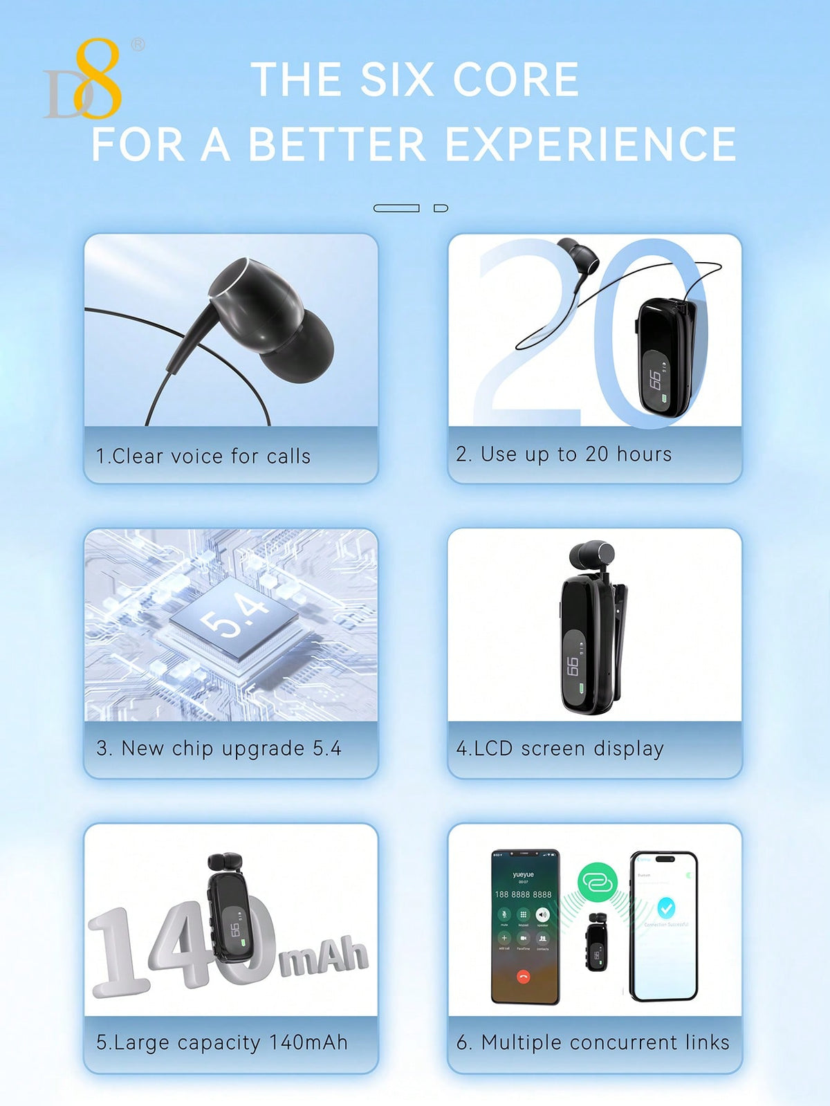D8 Retractable Wireless Headset – LCD Display, Noise Cancelling Mic, 20H Talk Time