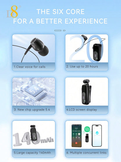 D8 Retractable Wireless Headset – LCD Display, Noise Cancelling Mic, 20H Talk Time