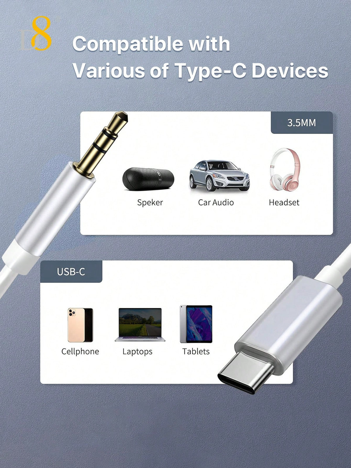 D8 USB-C to 3.5mm Audio Adapter – 3.3ft Type-C to AUX Jack for iPhone 16, Galaxy S24, iPad Pro, Pixel 8