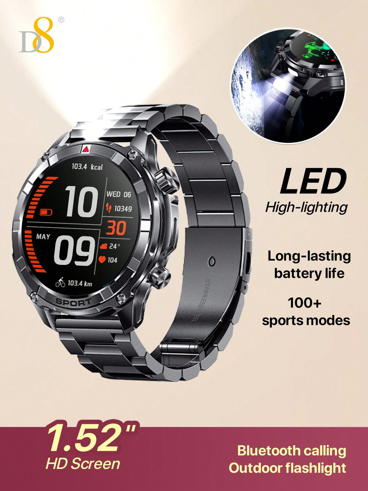 D8 Men's Smartwatch, 1.52" HD, Calls, LED Flashlight, IP68, 100+ Sports Modes