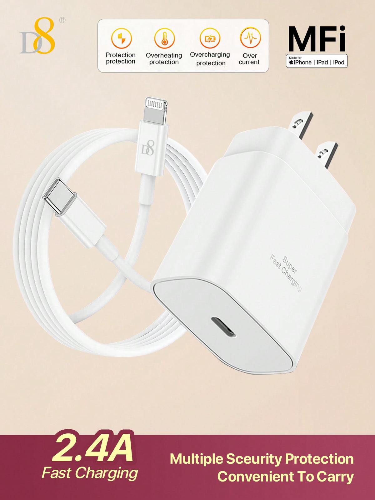 D8 25W Fast Charger & 3.3FT MFi Certified USB C Cable for iPhone & iPad