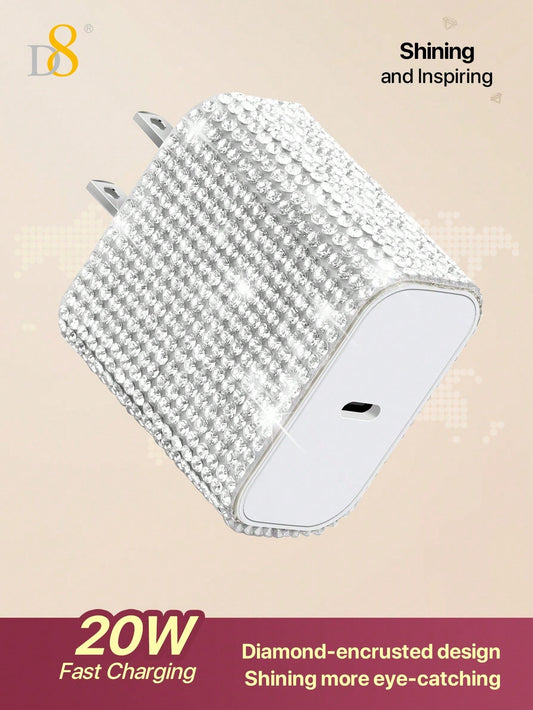 D8 Crystal Decoration Type C Charger, 20W PD USB Wall Charger Super Fast Charging Block /Crystal Decoration /USB-C Cord Phone Charger