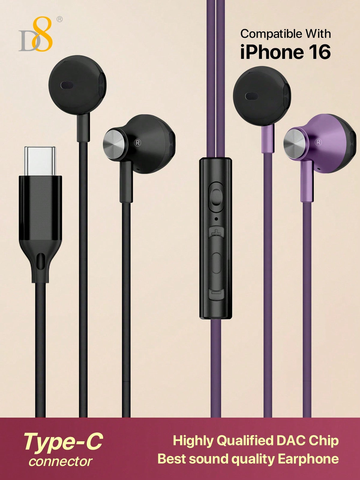 D8 USB-C Headphones, In-Ear, Mic & Volume Control, for iPhone/Galaxy/iPad