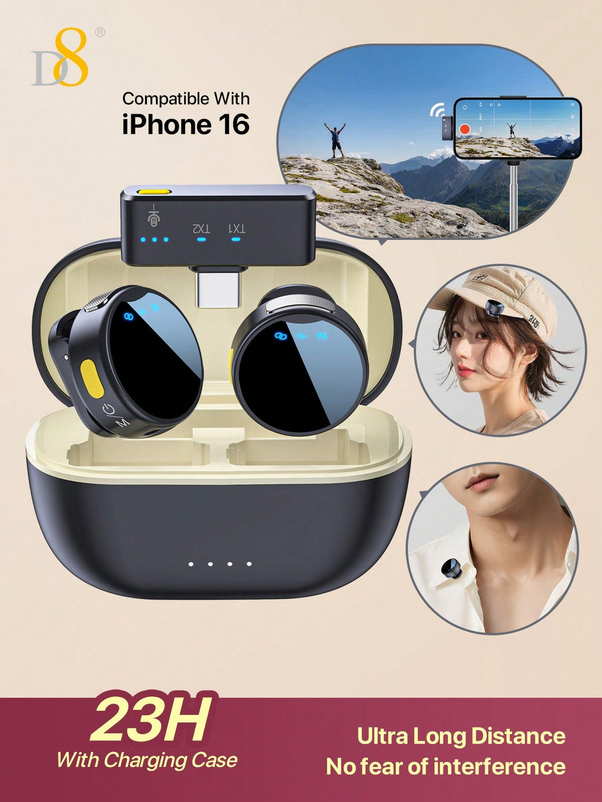 D8 Wireless Lavalier Mic, Auto Sync, Noise Reduction, 23H Battery, Pro Audio