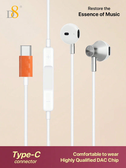 D8 USB C Headphones Compatible With Iphone 15 Earbuds With Microphone & Volume Control HiFi Stereo