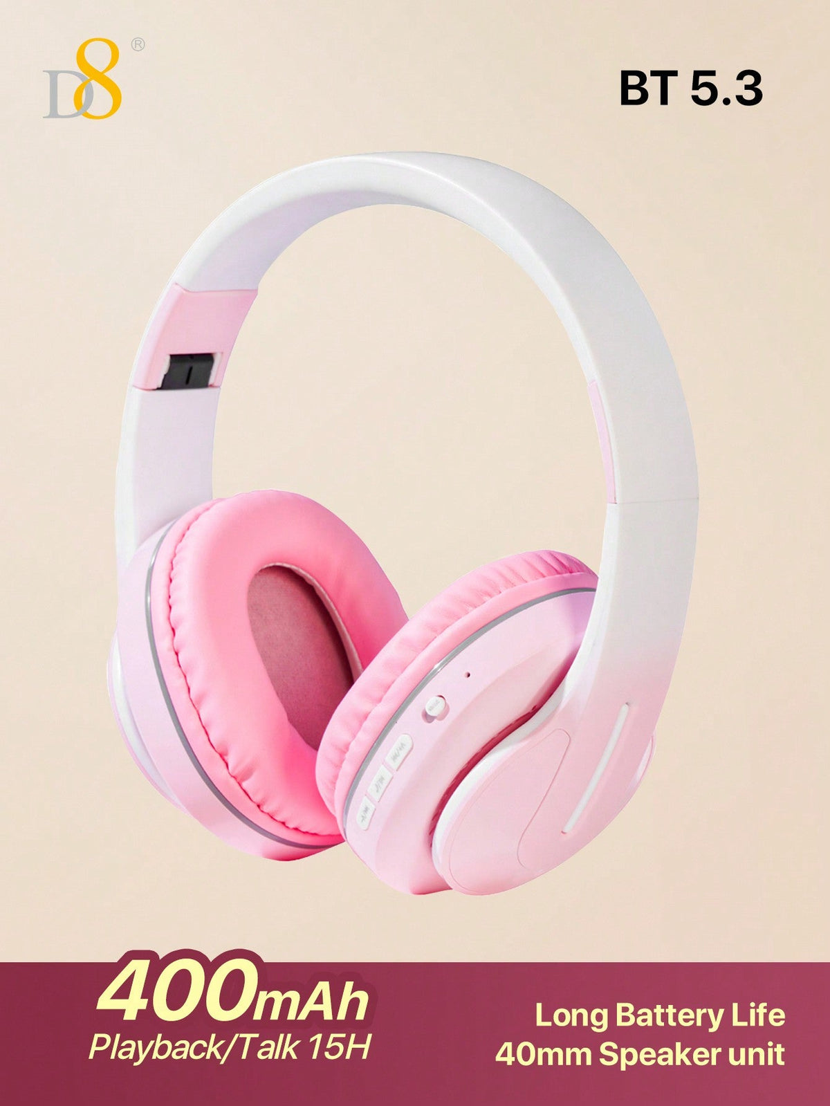 D8 Over-Ear Headphones, 15H Playtime, 6 EQ Modes, Foldable, HiFi Deep Bass