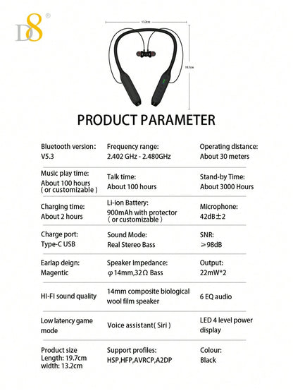 D8 Neckband Headphones, 100H Playback, Mic, Waterproof, Stereo Sound