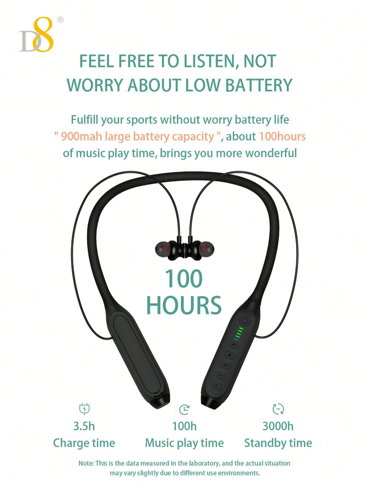 D8 Neckband Headphones, 100H Playback, Mic, Waterproof, Stereo Sound