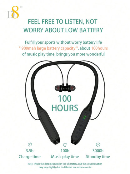 D8 Neckband Headphones, 100H Playback, Mic, Waterproof, Stereo Sound