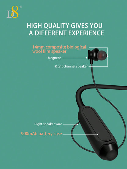 D8 Neckband Headphones, 100H Playback, Mic, Waterproof, Stereo Sound