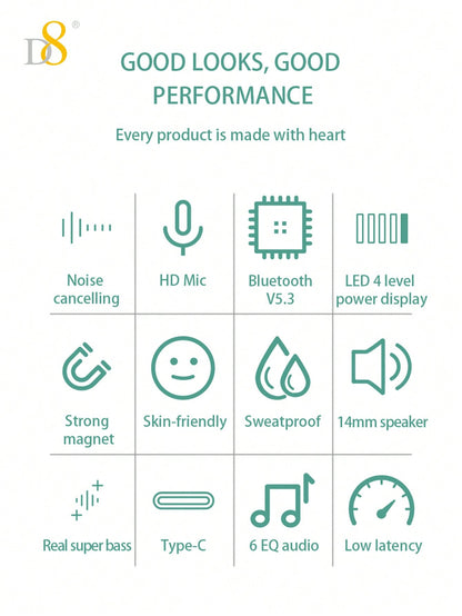 D8 Neckband Headphones, 100H Playback, Mic, Waterproof, Stereo Sound
