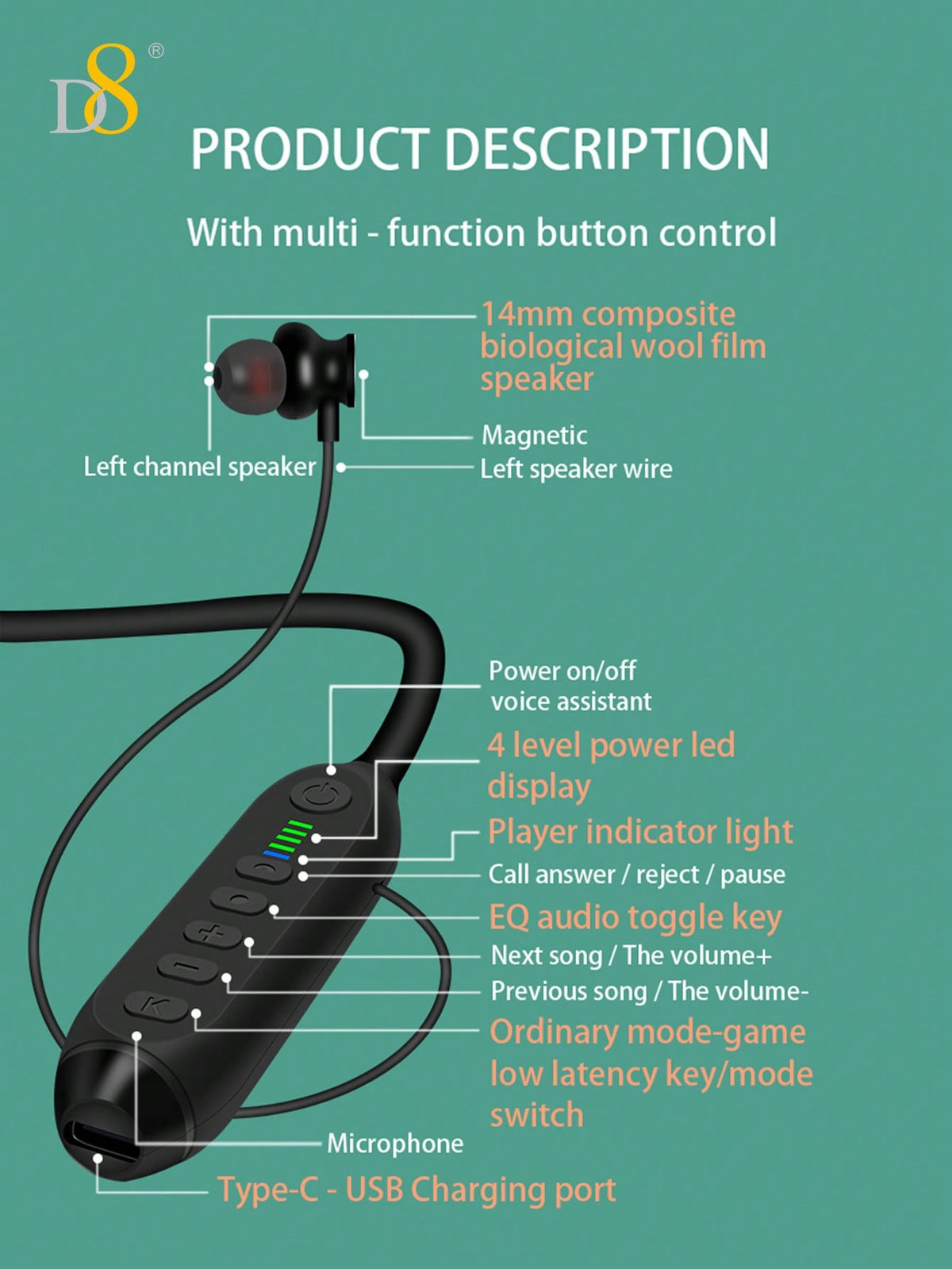 D8 Neckband Headphones, 100H Playback, Mic, Waterproof, Stereo Sound