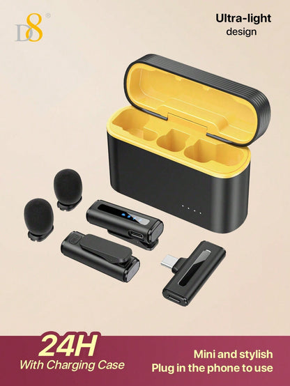 D8 Wireless Lavalier Mic, Auto Sync, Noise Reduction, 24H Battery