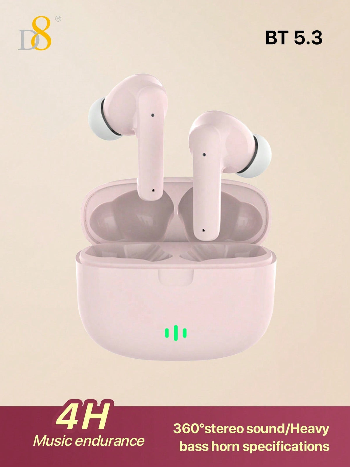 D8 Wireless Earbuds, Stereo Bass, 13mm Drivers, 4H Play, USB-C Charging