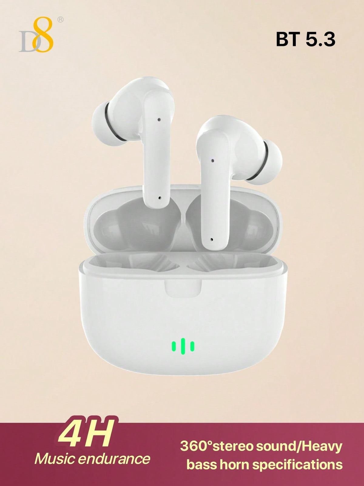 D8 Wireless Earbuds, Stereo Bass, 13mm Drivers, 4H Play, USB-C Charging