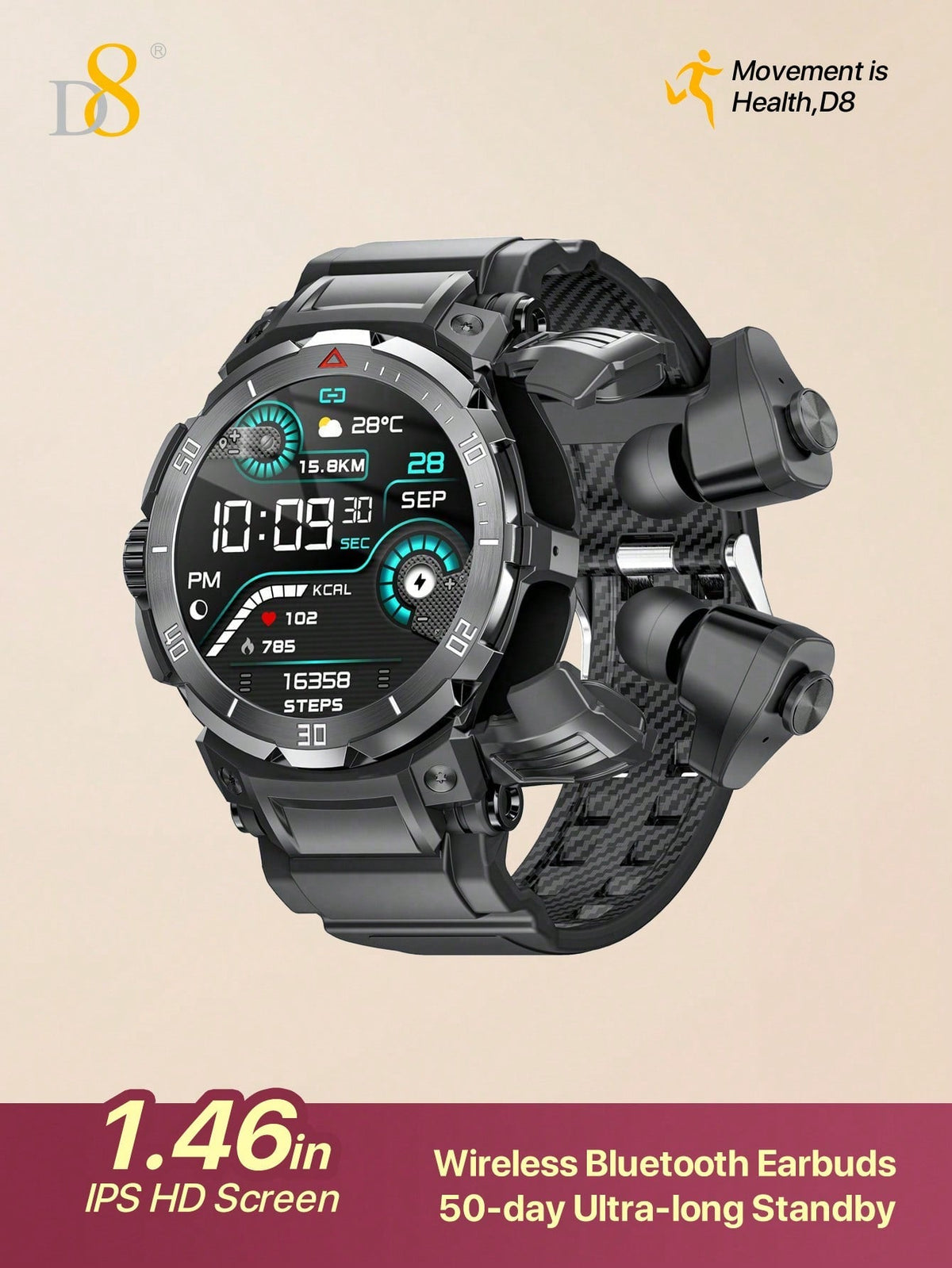 D8 Smart Watch with Earbuds – 1.46" HD Touch Screen, 110+ Fitness Modes, Call/Dial, Waterproof, iOS/Android