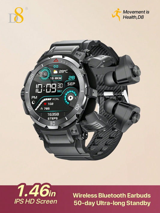 D8 Smart Watch with Earbuds – 1.46" HD Touch Screen, 110+ Fitness Modes, Call/Dial, Waterproof, iOS/Android