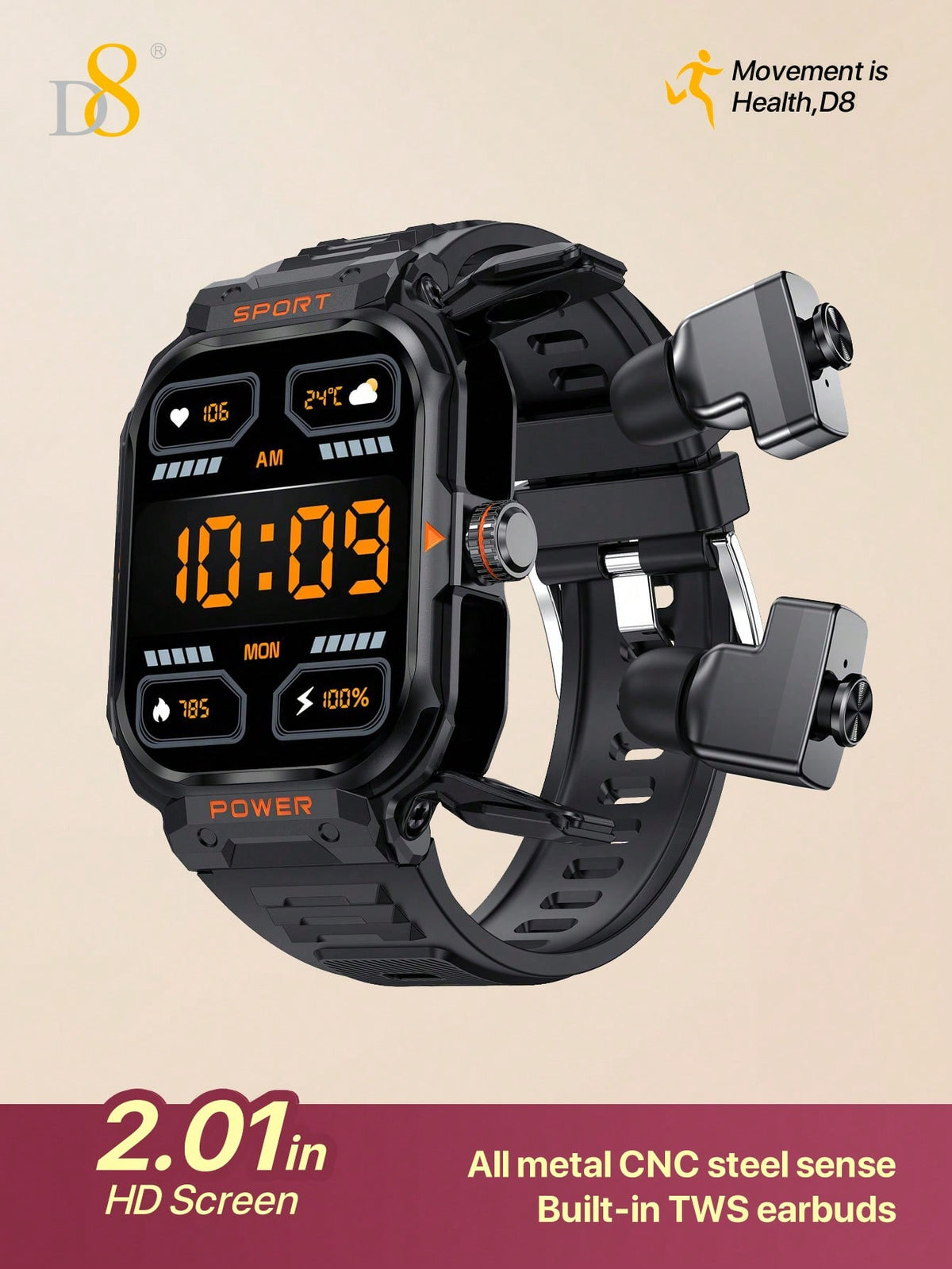 D8 Smart Watch with TWS Earbuds – Rugged 2.01" Display, Fitness Tracker, 100+ Sports Modes, Compatible with iPhone & Android