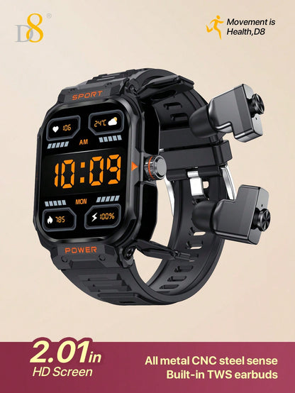 D8 Smart Watch with TWS Earbuds – Rugged 2.01" Display, Fitness Tracker, 100+ Sports Modes, Compatible with iPhone & Android
