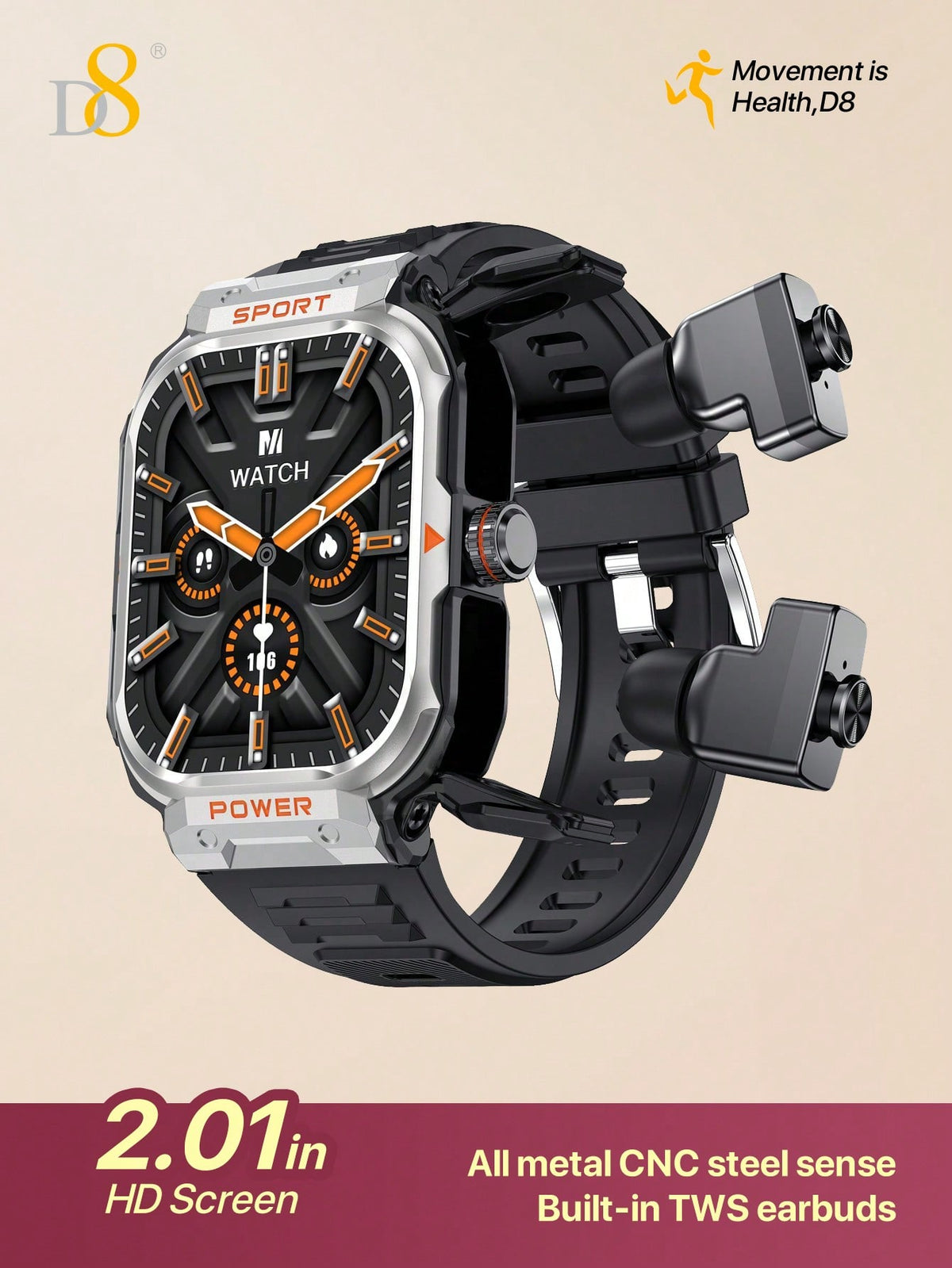 D8 Smart Watch with TWS Earbuds – Rugged 2.01" Display, Fitness Tracker, 100+ Sports Modes, Compatible with iPhone & Android