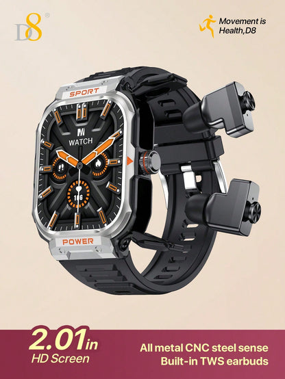 D8 Smart Watch with TWS Earbuds – Rugged 2.01" Display, Fitness Tracker, 100+ Sports Modes, Compatible with iPhone & Android