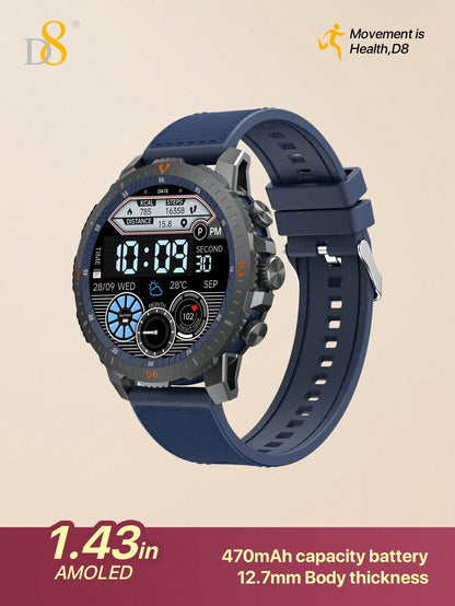 D8 Men's Rugged Smartwatch, 25-Day Battery, 1.43" AMOLED, IP67, 100 Sports