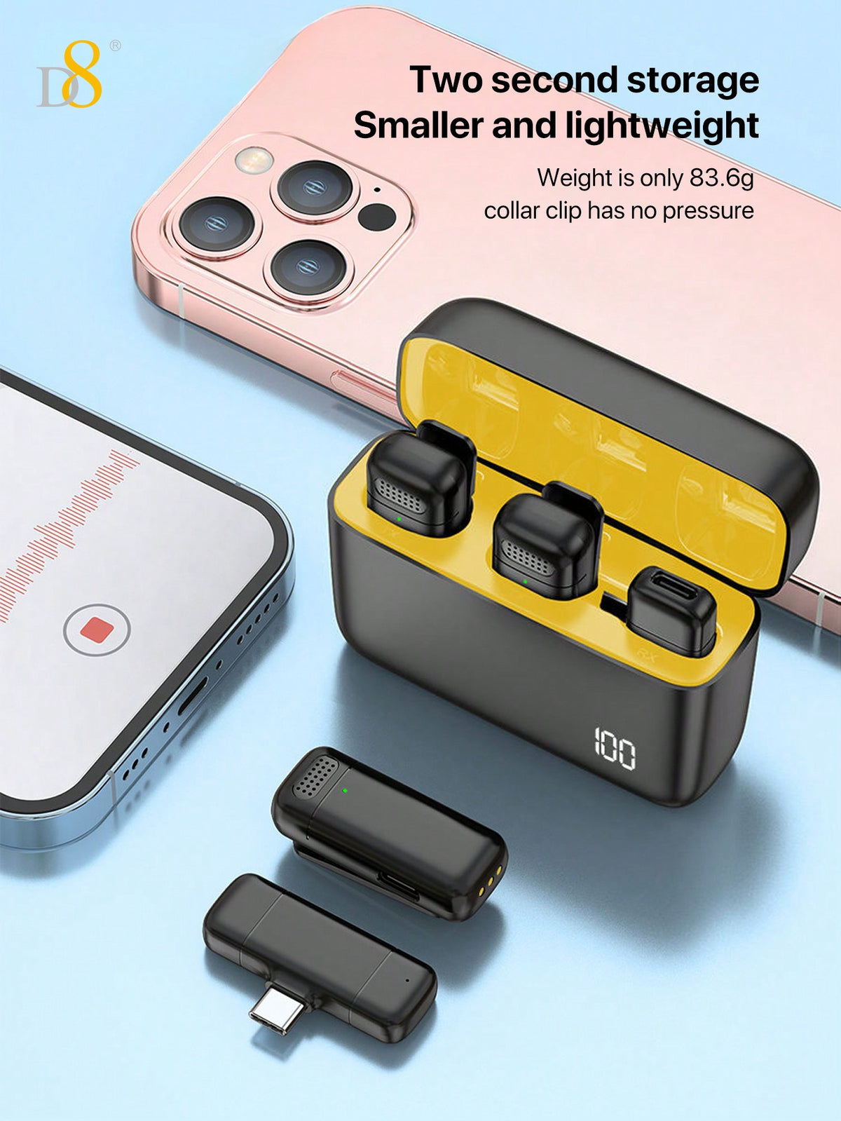 D8 Wireless Lavalier Microphone – USB-C, 70H Battery, Charging Case, Noise Reduction