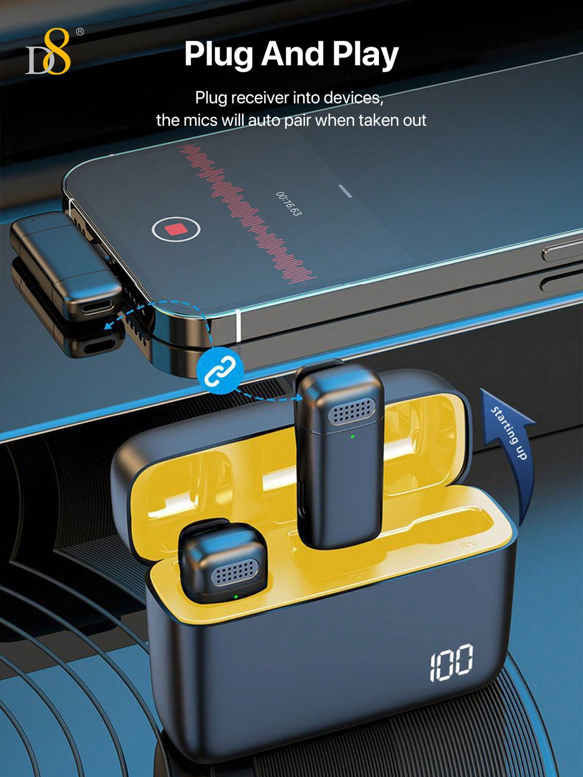 D8 Wireless Lavalier Microphone – USB-C, 70H Battery, Charging Case, Noise Reduction