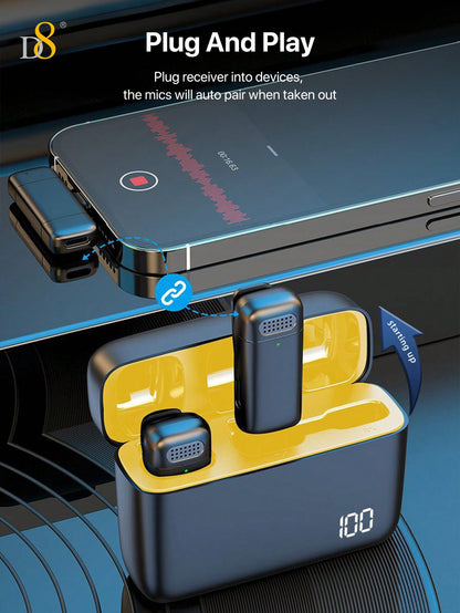 D8 Wireless Lavalier Microphone – USB-C, 70H Battery, Charging Case, Noise Reduction