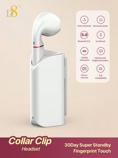 D8 Wireless Mic Collar Clip-On Earbuds – 5H Playtime, USB-C Charging, Noise Reduction