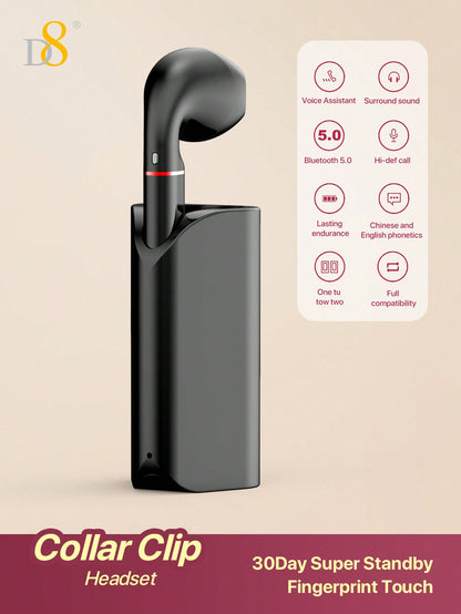 D8 Wireless Mic Collar Clip-On Earbuds – 5H Playtime, USB-C Charging, Noise Reduction