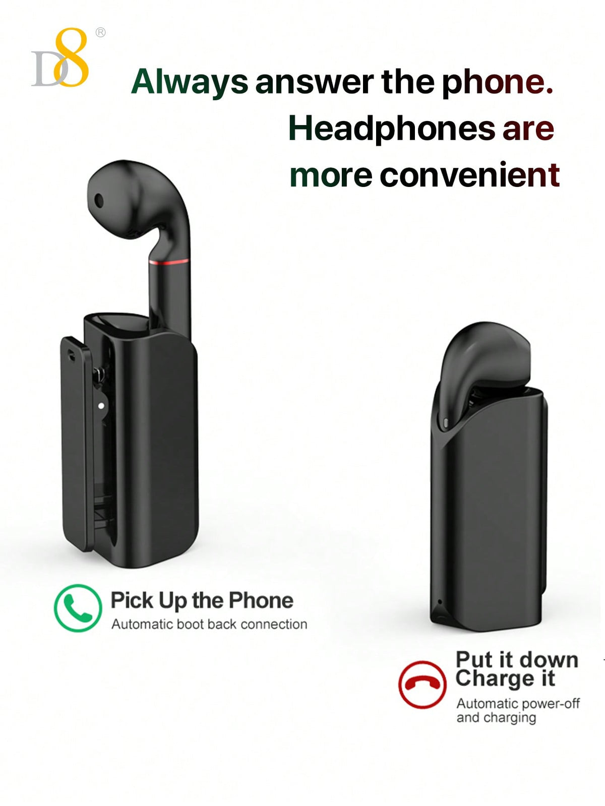 D8 Wireless Mic Collar Clip-On Earbuds – 5H Playtime, USB-C Charging, Noise Reduction