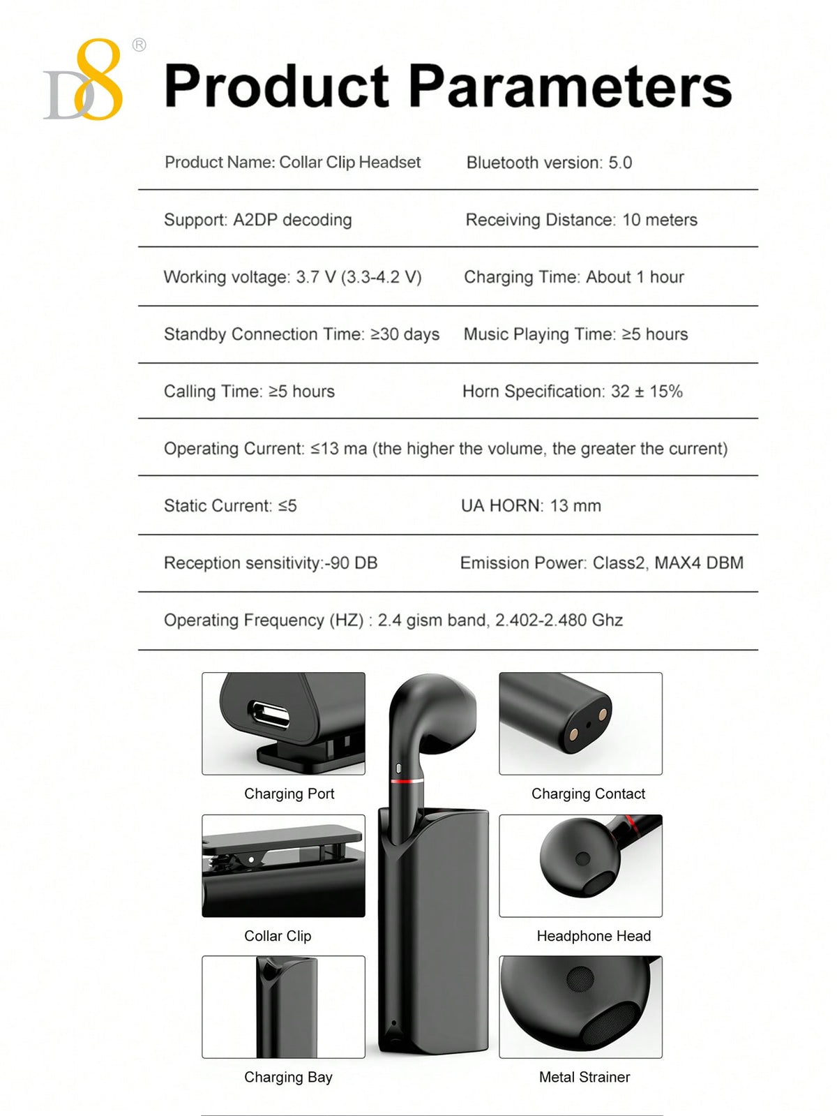 D8 Wireless Mic Collar Clip-On Earbuds – 5H Playtime, USB-C Charging, Noise Reduction