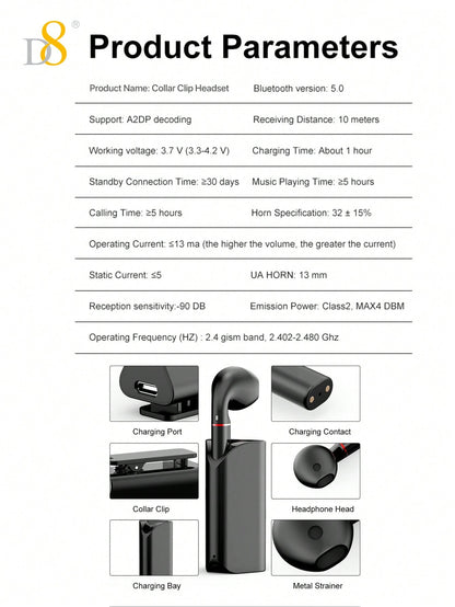D8 Wireless Mic Collar Clip-On Earbuds – 5H Playtime, USB-C Charging, Noise Reduction