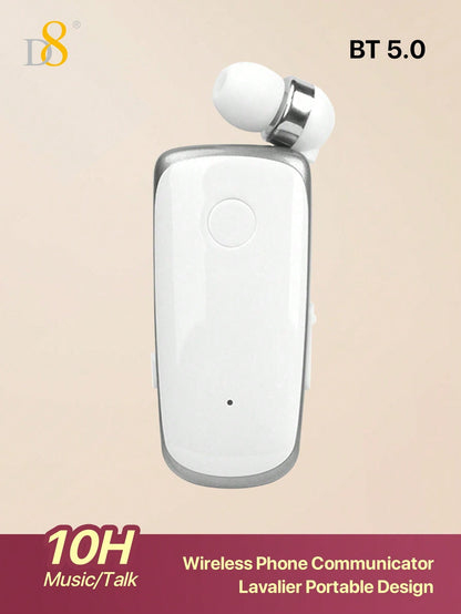 D8 Retractable Wireless Headset, V5.0 Noise-Canceling Clip-On Earbud, 10H Talk