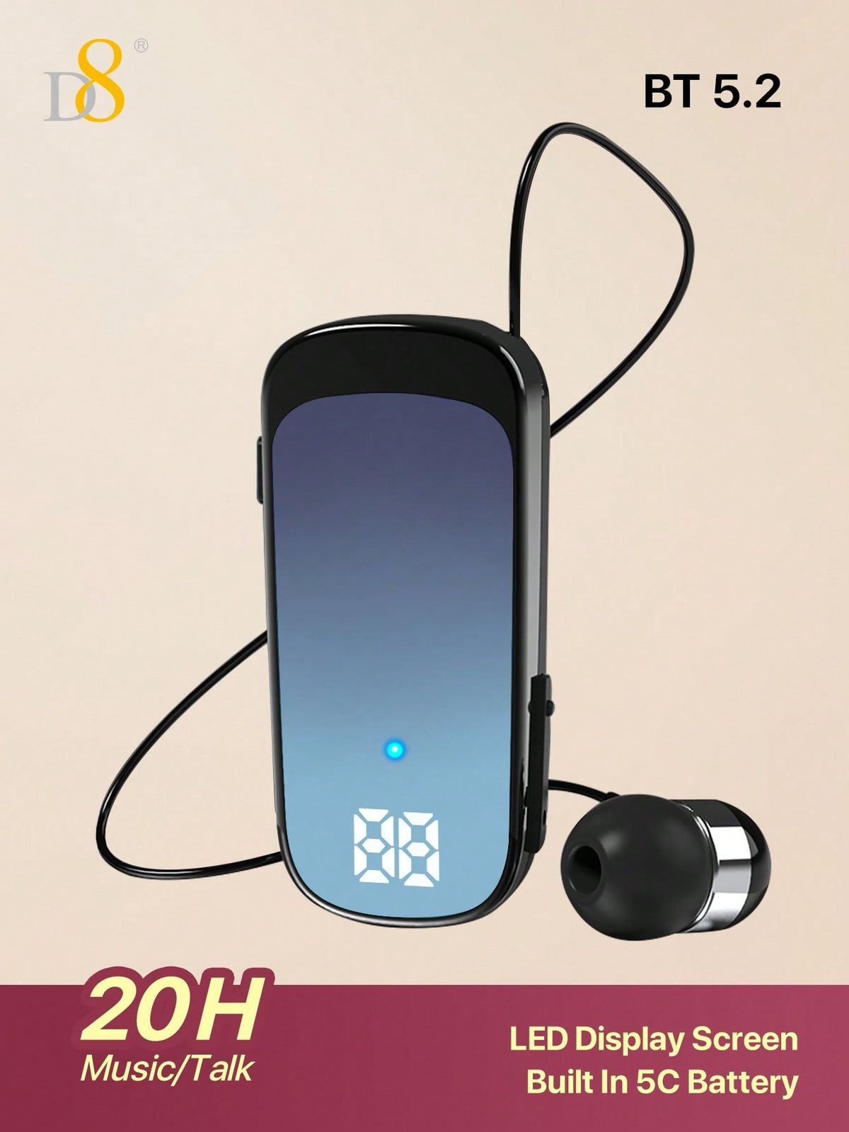 D8 Retractable Wireless Headset – 20H Talk Time, Noise Cancelling Mic, Clip-On for Driving & Workouts