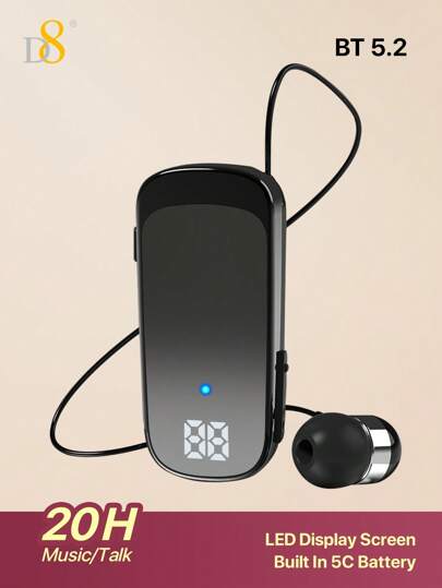 D8 Retractable Wireless Headset – 20H Talk Time, Noise Cancelling Mic, Clip-On for Driving & Workouts