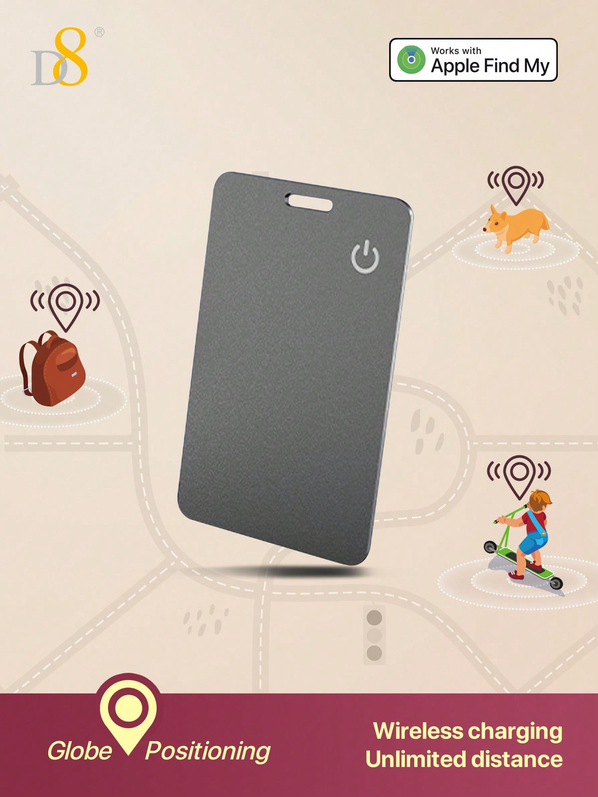 D8 Wallet Tracker Card – Apple MFi Certified, Wireless Charging, IP67 Waterproof