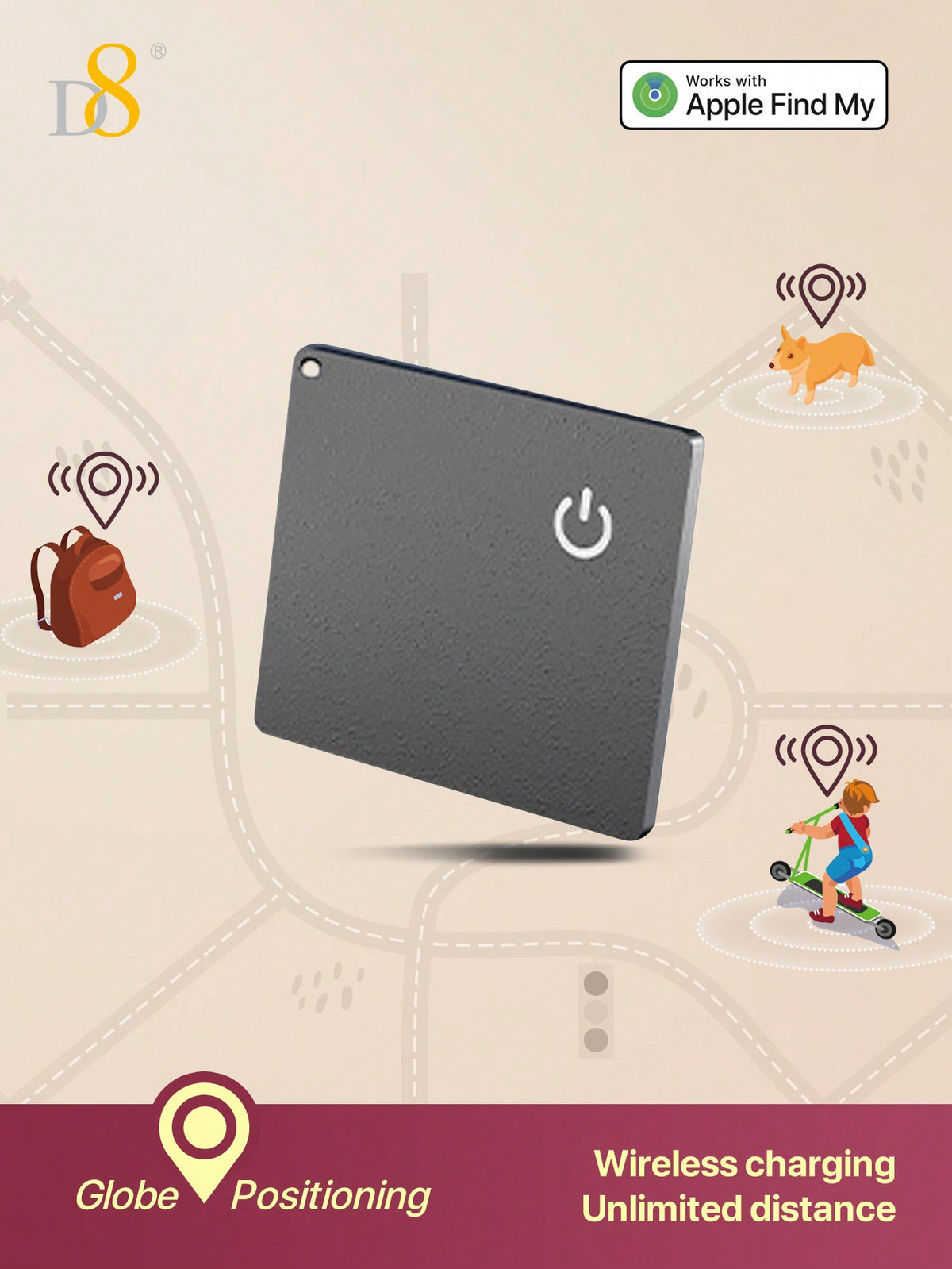 D8 Mini Wallet Tracker Card – Apple MFi Certified, Wireless Charging, IP67 Waterproof