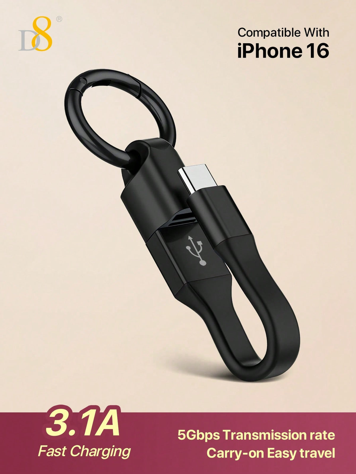 D8 USB-C Keychain Cable – 10CM USB-A to USB-C Charging & Data Transfer
