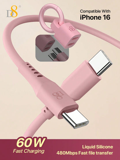 D8 USB-C Keychain Data Cable – 60W Fast Charger, Compatible with iPhone, MacBook, iPad, Galaxy