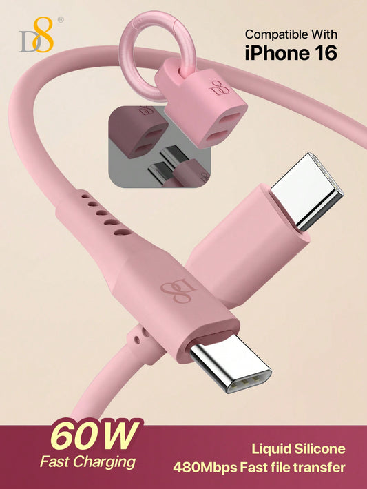 D8 USB-C Keychain Data Cable – 60W Fast Charger, Compatible with iPhone, MacBook, iPad, Galaxy