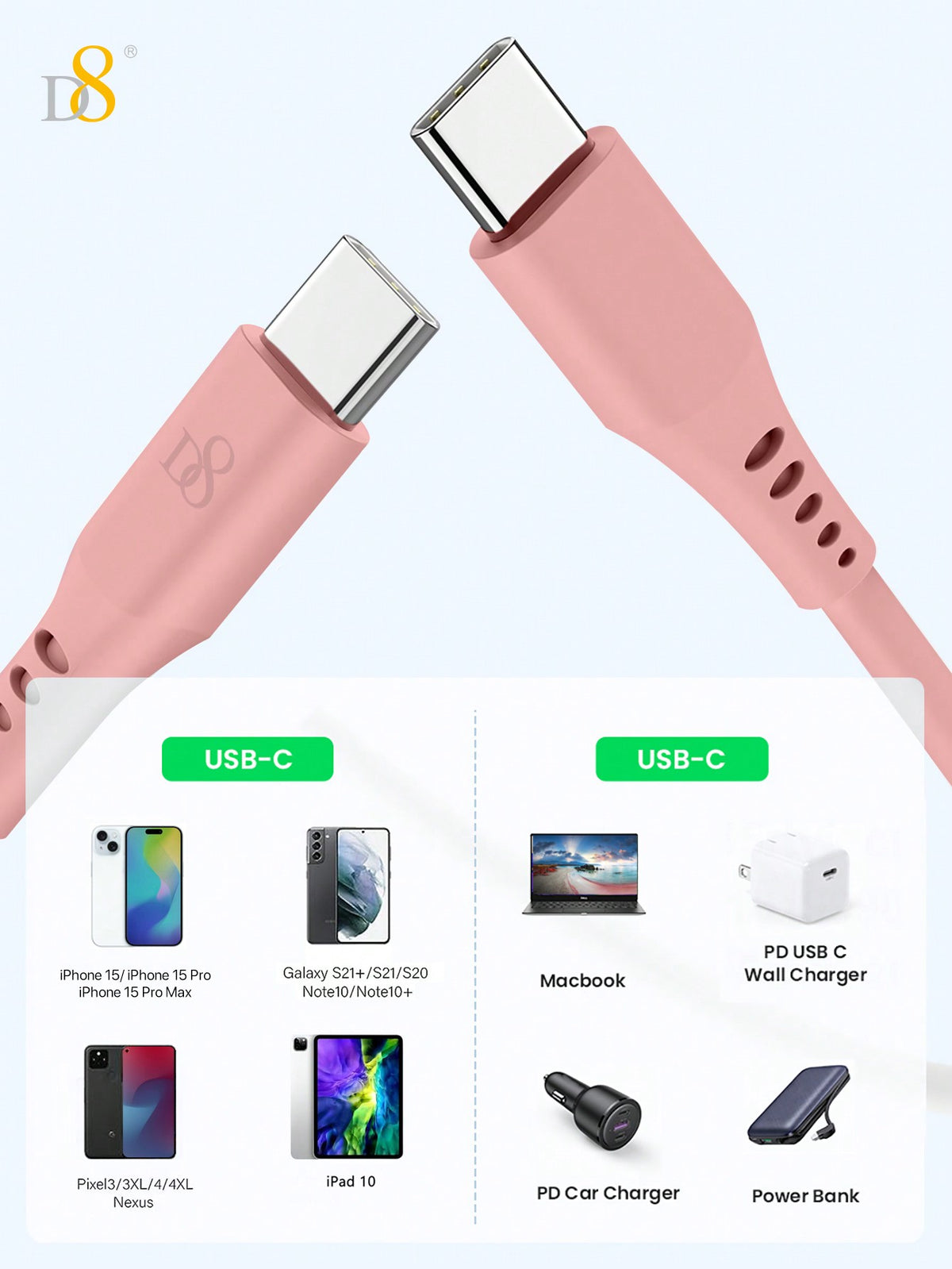 D8 USB-C Keychain Data Cable – 60W Fast Charger, Compatible with iPhone, MacBook, iPad, Galaxy