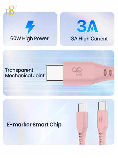 D8 USB-C Keychain Data Cable – 60W Fast Charger, Compatible with iPhone, MacBook, iPad, Galaxy
