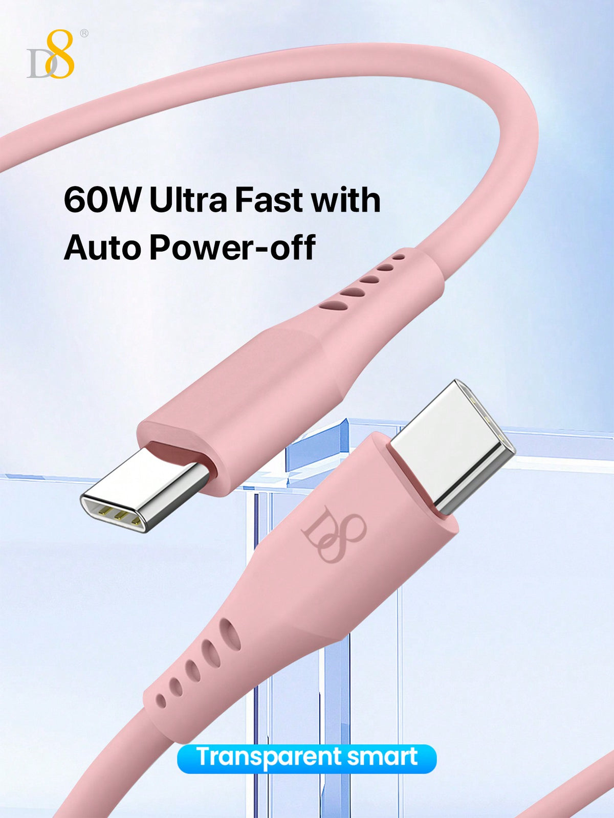 D8 USB-C Keychain Data Cable – 60W Fast Charger, Compatible with iPhone, MacBook, iPad, Galaxy