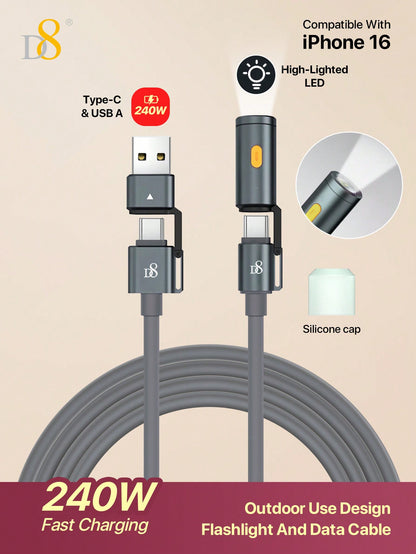 D8 240W 3-in-1 Portable Charging Cable with LED Night Lamp – USB-C for MacBook, iPhone, and More