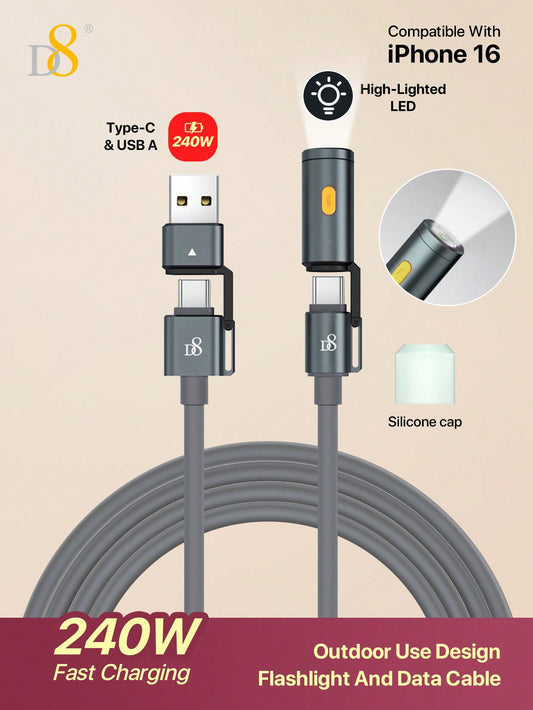 D8 240W 3-in-1 Portable Charging Cable with LED Night Lamp – USB-C for MacBook, iPhone, and More