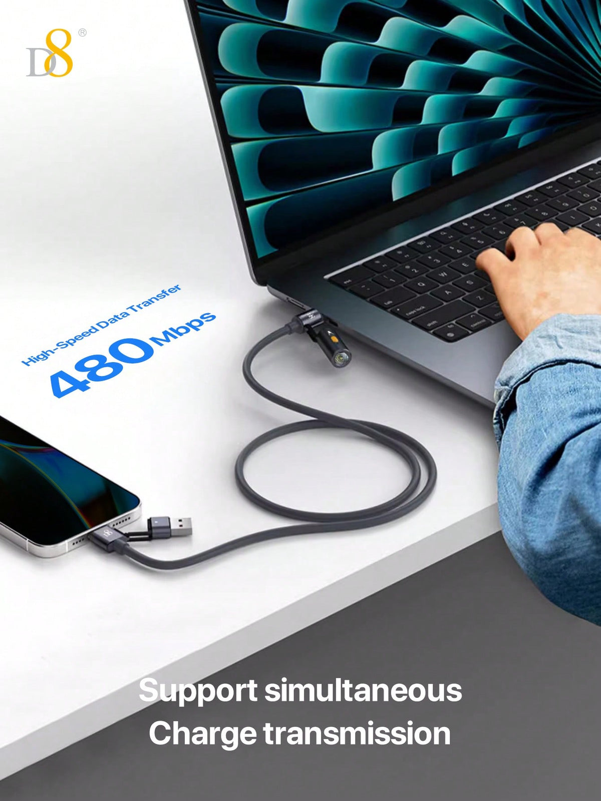 D8 240W 3-in-1 Portable Charging Cable with LED Night Lamp – USB-C for MacBook, iPhone, and More