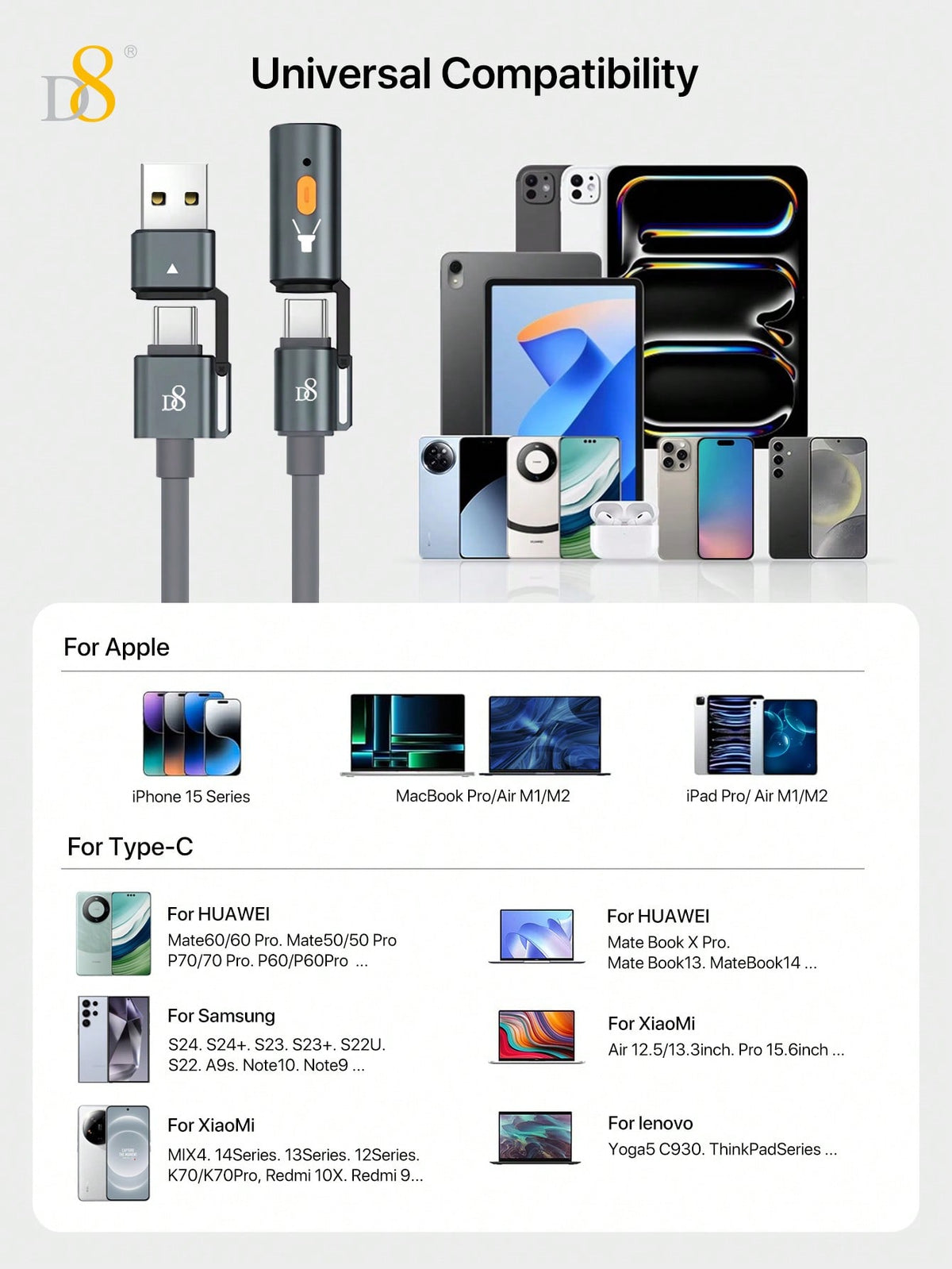 D8 240W 3-in-1 Portable Charging Cable with LED Night Lamp – USB-C for MacBook, iPhone, and More