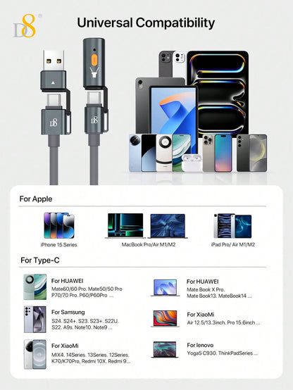 D8 240W 3-in-1 Portable Charging Cable with LED Night Lamp – USB-C for MacBook, iPhone, and More